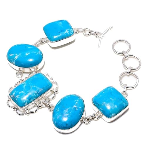 VACHEE Blaues Larimar-Armband mit fünf Collet-Edelsteinen, handgefertigt, 17,8–22,9 cm, für Mädchen und Frauen, 925er-Sterlingsilber vergoldeter Schmuck 4035 von VACHEE