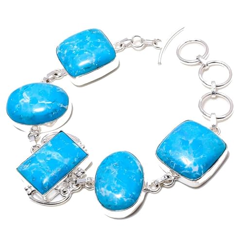 VACHEE Blaues Larimar-Armband mit fünf Collet-Edelsteinen, handgefertigt, 17,8–22,9 cm, für Mädchen und Frauen, 925er-Sterlingsilber vergoldeter Schmuck 4058 von VACHEE