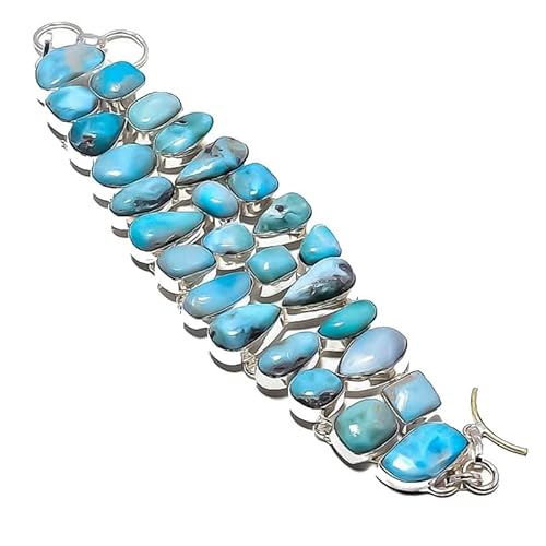 VACHEE Blaues karibisches Larimar handgefertigtes schweres Armband 8" für Mädchen Frauen 925 Sterling Silber vergoldeter Schmuck 1369 von VACHEE