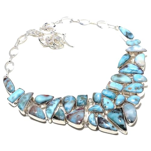 VACHEE Blue Caribbean Larimar Heavy Collar Halskette 18" Mädchen Damen 925 Sterling Silber vergoldeter Schmuck 520 von VACHEE