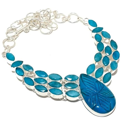 VACHEE Geschnitzte blaue Chalcedon handgemachte schwere Halskette 18" für Mädchen Frauen 925 Sterling Silber vergoldet Schmuck 1783 von VACHEE