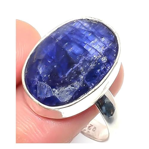 VACHEE Handgefertigter verstellbarer Ring aus blau gefärbtem Supphire für Mädchen und Frauen, Größe 7 US, 925 Sterling Silber vergoldeter Schmuck 2397 von VACHEE