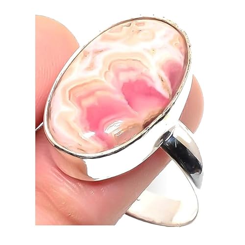 VACHEE Handgefertigter verstellbarer Ring aus rosafarbenem Rhodochrosit für Mädchen und Frauen, Größe 7 US, 925 Sterling Silber vergoldeter Schmuck 2359 von VACHEE