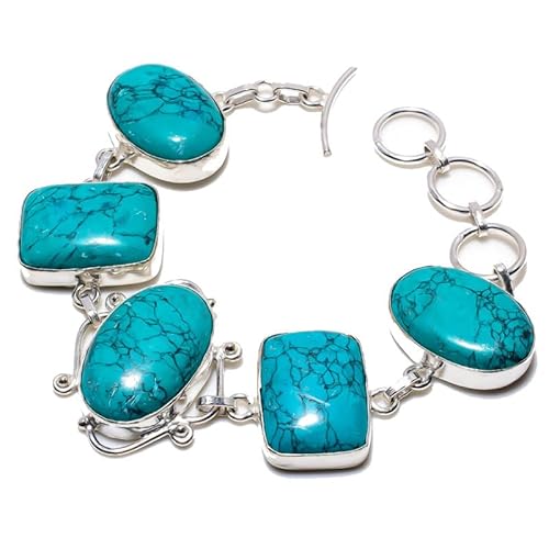 VACHEE Handgefertigtes blaues tibetisches Türkis-Armband, 17,8–22,9 cm, für Mädchen und Frauen, 925er-Sterlingsilber vergoldeter Schmuck 3997 von VACHEE