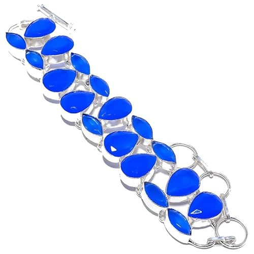 VACHEE Handgefertigtes schweres Armband aus blauem Chalcedon, 17,8–22,9 cm, für Mädchen und Frauen, 925er-Sterlingsilber vergoldeter Schmuck 2251 von VACHEE