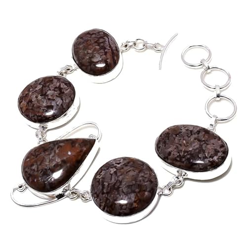 VACHEE Kaffeebohne Jaspis Fünf Collet Gems Handgefertigtes Armband 7-9" Für Mädchen Frauen 925 Sterling Silber vergoldeter Schmuck 4061 von VACHEE