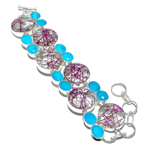 VACHEE Lila Rutil, blauer Chalcedon, handgefertigtes schweres Armband mit mehreren Steinen, 7-9 Zoll, für Mädchen und Frauen 925 Sterling Silber plattierter Schmuck 3531 von VACHEE