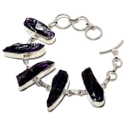 VACHEE Lila brasilianischer Amethyst-Quarz, ungeschliffener Stein, handgefertigt, fünf Spannzangen-Armbänder, 17,8–22,9 cm, für Mädchen und Frauen, 925er Sterlingsilber vergoldeter Schmuck 3461 von VACHEE