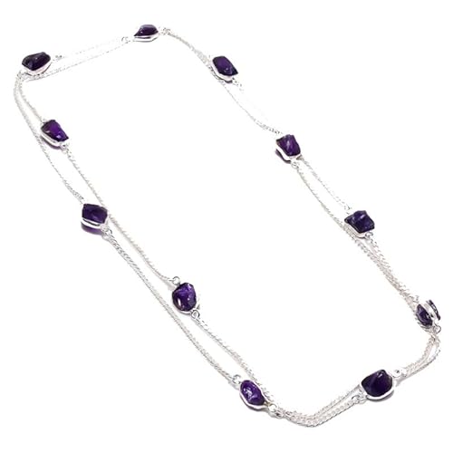 VACHEE Lila brasilianischer Amethyst-Quarz, ungeschnitten, handgefertigt, tiefe Halskette, 91,4 cm, für Mädchen und Frauen, 925er Sterlingsilber vergoldeter Schmuck 5193 von VACHEE