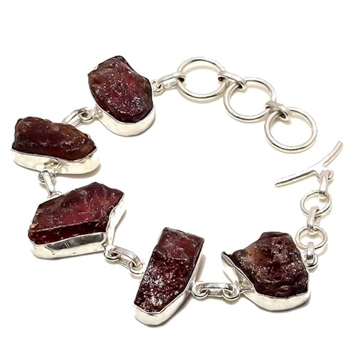 VACHEE Roter Granat Quarz Ungeschnittenes handgemachtes Armband mit fünf Spannzangen 7-9" für Mädchen Frauen 925 Sterling Silber vergoldeter Schmuck 3444 von VACHEE