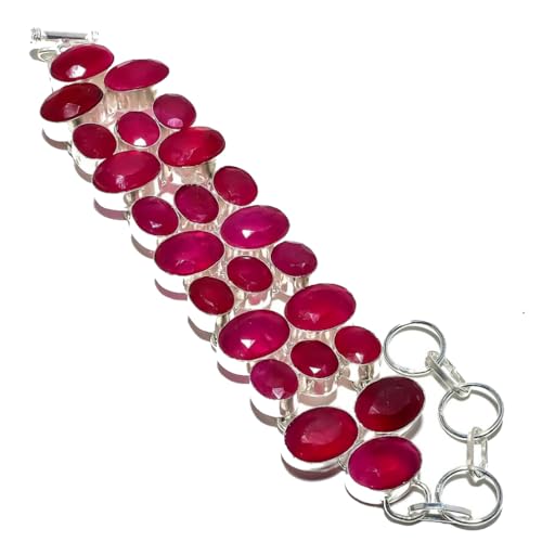 VACHEE Roter Kaschmir-Rubin, handgefertigtes schweres Armband mit mehreren Steinen, 7-9 Zoll, für Mädchen und Damen 925 Sterling Silber plattierter Schmuck 3522 von VACHEE