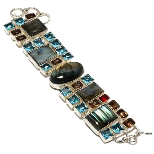 VACHEE Schwarzer Labradorit, blauer Topas, Quarz-Edelstein, mehrere Steine, handgefertigtes Armband, 17,8–22,9 cm, für Mädchen und Frauen, 925er-Sterlingsilber vergoldeter Schmuck 3014 von VACHEE