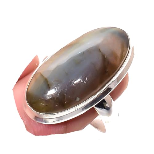 VACHEE Schwarzer Labradorit, handgefertigter verstellbarer Ring für Mädchen und Frauen, 925 Sterlingsilber plattierter Schmuck, Größe 8,5 US 6429 von VACHEE