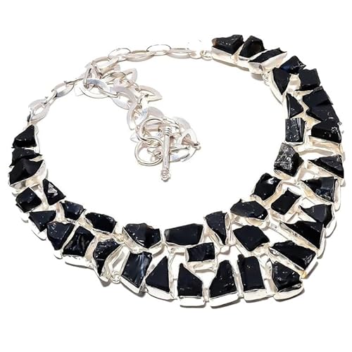 VACHEE Schwarzer Onyx, rauer Stein, handgefertigt, schwere Halskette, 45,7 cm, für Mädchen und Damen, 925er-Sterlingsilber vergoldeter Schmuck 180 von VACHEE