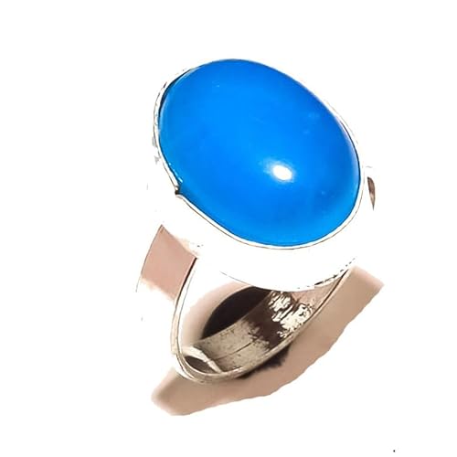 VACHEE Verstellbarer Ring aus blauem Chalcedon, Größe 7,5 US, handgefertigt für Mädchen und Frauen, 925er Sterlingsilber plattierter Schmuck 2297 von VACHEE