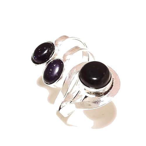 VACHEE Verstellbarer Ring mit schwarzem Onyx und blauem Sonnenstein, Größe 5,5 US, handgefertigt für Mädchen und Frauen, 925er Sterlingsilber vergoldeter Schmuck 2127 von VACHEE