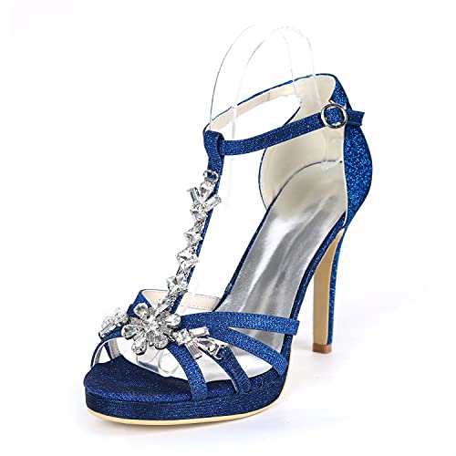 Hochzeitsschuhe Brautschuhe Damen Glitzer Knöchelriemen Peep Zehen Plateau Sandalen Mit Strass,Blau,39 EU von VACSAX