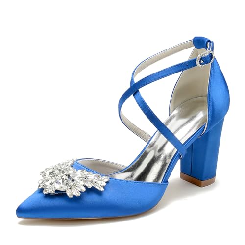 VACSAX Brautschuhe Damen Kreuz Riemchen Blockabsatz Pumpen Partei Abendschuhe mit Strass,Blau,38 EU von VACSAX