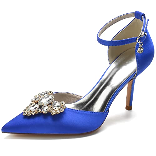 VACSAX Brautschuhe Damen Satin Knöchelriemen Spitze Zehen Stöckel Absatz Partei Abendschuhe mit Strass,Blau,38 EU von VACSAX