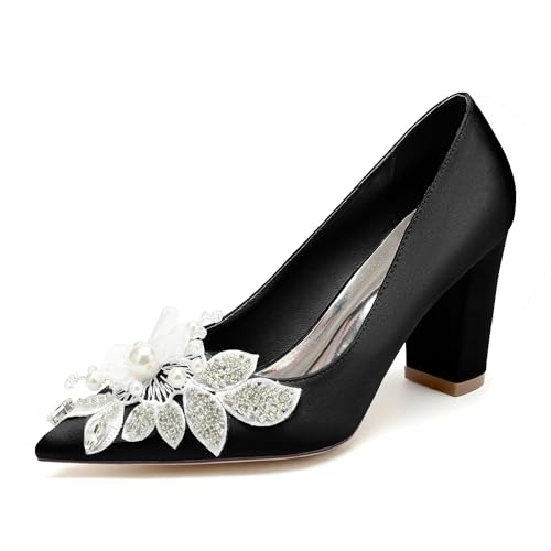 VACSAX Brautschuhe Damen Spitzschuh Geschlossene Zehen 8.5CM Blockabsatz Slip Auf Absatzschuhe mit Perle,Schwarz,41 EU von VACSAX