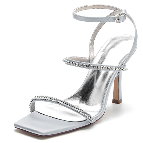 VACSAX Brautschuhe Damen Strass Knöchelriemen Hoch Absatz Offener Zeh Sandalen für Hochzeit Abschlussball,Silber,42 EU von VACSAX