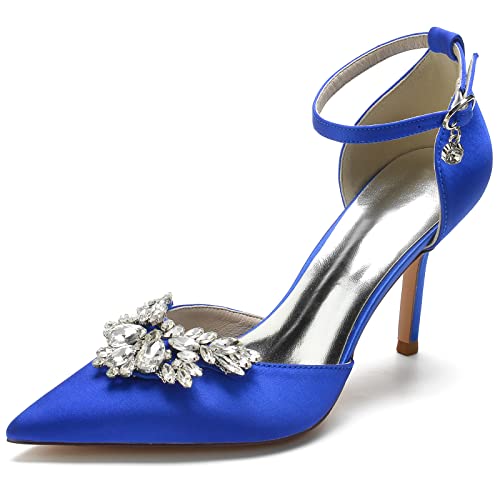 VACSAX Damen Brautschuhe Geschlossene Zehe Knöchelriemen Satin Pumpen Hochzeitsschuhe mit Strass,Blau,36 EU von VACSAX