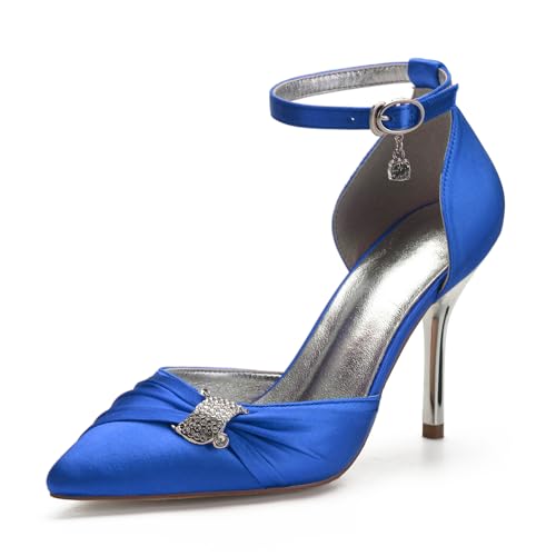 VACSAX Damen Brautschuhe Geschlossene Zehe Knöchelriemen Satin Pumpen Stöckel Absatz Hochzeitsschuhe mit Strass,Blau,39 EU, 65823772-BLUE-8.5 von VACSAX