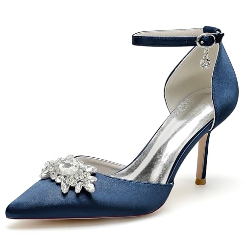 VACSAX Damen Brautschuhe Geschlossene Zehen Knöchelriemen Spangenpumps Hochzeitsschuhe mit Strass,Marine,37 EU von VACSAX