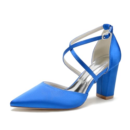 VACSAX Damen Brautschuhe mit Blockabsatz Riemchenpumps Geschlossene Zehen Partei Abendschuhe,Blau,37 EU von VACSAX