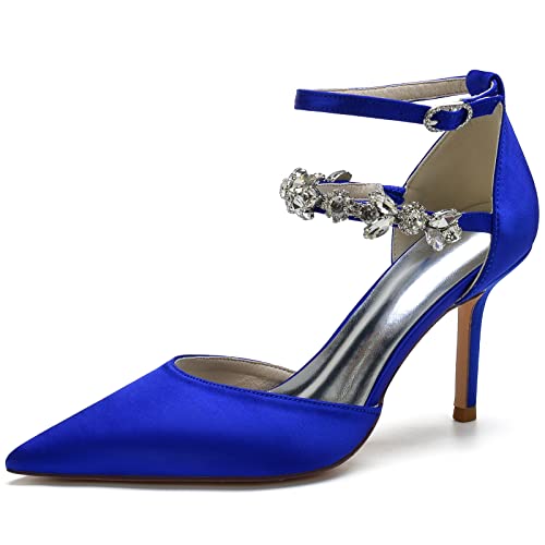 VACSAX Damen Knöchelriemen Spitze Zehen 8.5CM Stöckel Absatz Partei Abendschuhe mit Strass,Blau,37 EU von VACSAX