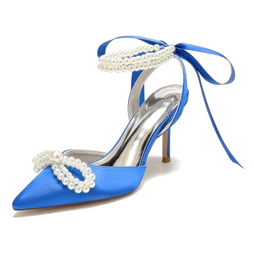 Damen Sandalen mit Absatz Perle Knöchelriemen Stöckel Absatz Hochzeitskleid Brautschuhe mit Band Krawatte,Blau,38 EU von VACSAX