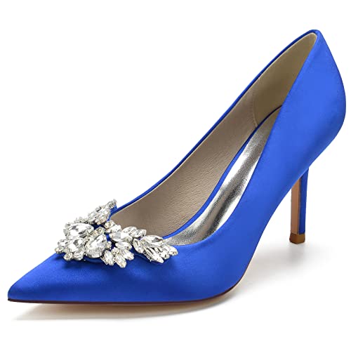 VACSAX Weiß Hochzeitsschuhe Damen Spitzschuh 8.5CM Stöckel Absatz Partei Abendschuhe mit Strass,Blau,39 EU von VACSAX