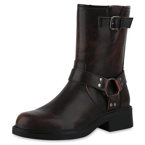 VAN HILL Damen Biker Boots Blockabsatz Nieten Trendy Schuhe 214138 Dunkelbraun 36 von VAN HILL