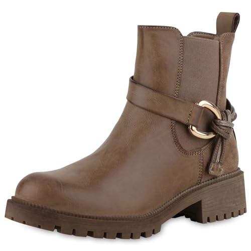 VAN HILL Damen Biker Boots Blockabsatz Profilsohle Trendy Schuhe 213654 Khaki 39 von VAN HILL