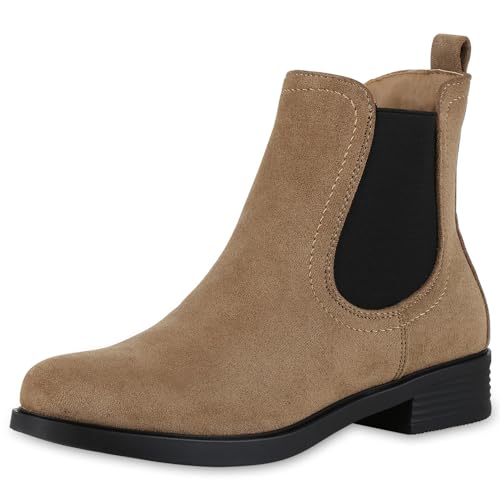 VAN HILL Damen Chelsea Boots Blockabsatz Basic Trendy Schuhe 213568 Khaki 36 von VAN HILL