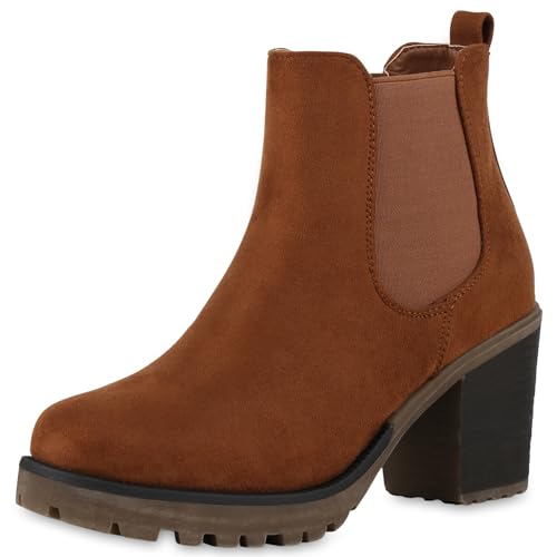 VAN HILL Damen Chelsea Boots Blockabsatz Plateau Vorne Trendy Schuhe 840564 213167 Hellbraun 41 von VAN HILL