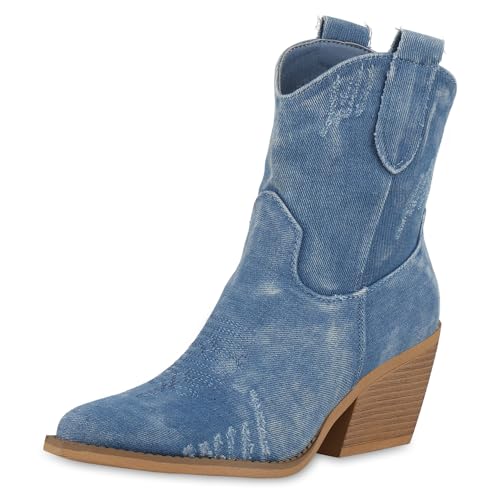 VAN HILL Damen Cowboy Boots Blockabsatz Denim Trendy Schuhe 214544 Hellblau Denim 38 von VAN HILL