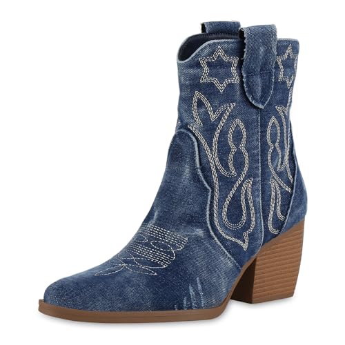 VAN HILL Damen Cowboy Boots Trichterabsatz Denim Trendy Schuhe 214549 Dunkelblau Denim 39 von VAN HILL