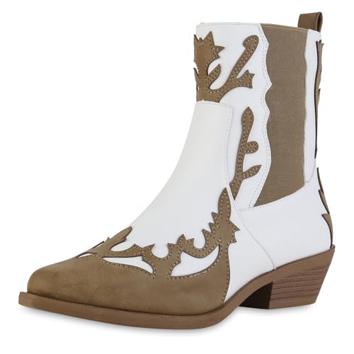 VAN HILL Damen Cowboy Boots Trichterabsatz Holzoptikabsatz Trendy Schuhe 214261 Weiss Khaki 38 von VAN HILL