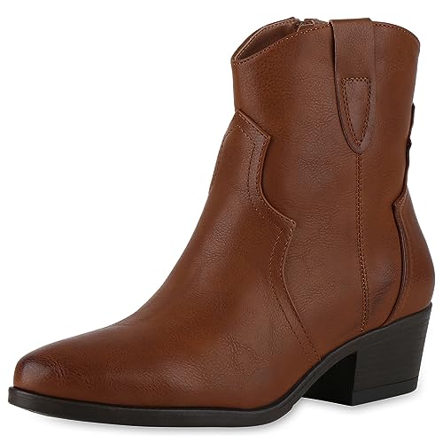 VAN HILL Damen Cowboy Boots Trichterabsatz Stickereien Trendy Schuhe 840529 213064 Hellbraun 39 von VAN HILL