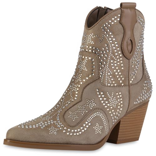 VAN HILL Damen Cowboy Boots Trichterabsatz Strass Trendy Schuhe 214258 Khaki 36 von VAN HILL