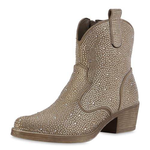 VAN HILL Damen Cowboy Boots Trichterabsatz Strass Trendy Schuhe 214275 Khaki 37 von VAN HILL