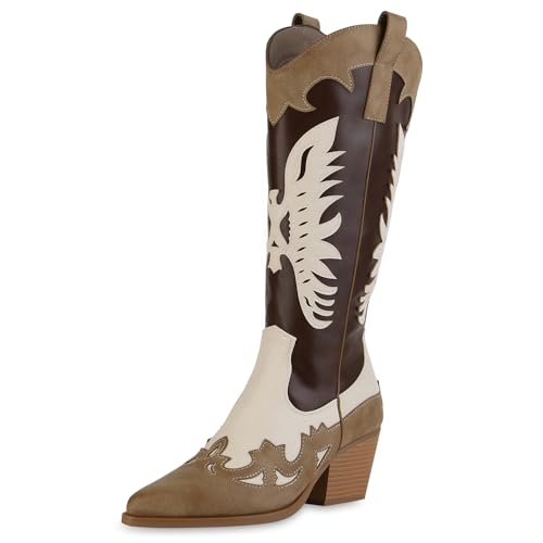 VAN HILL Damen Cowboystiefel Trichterabsatz Holzoptikabsatz Trendy Schuhe 215154 Khaki Beige 37 von VAN HILL