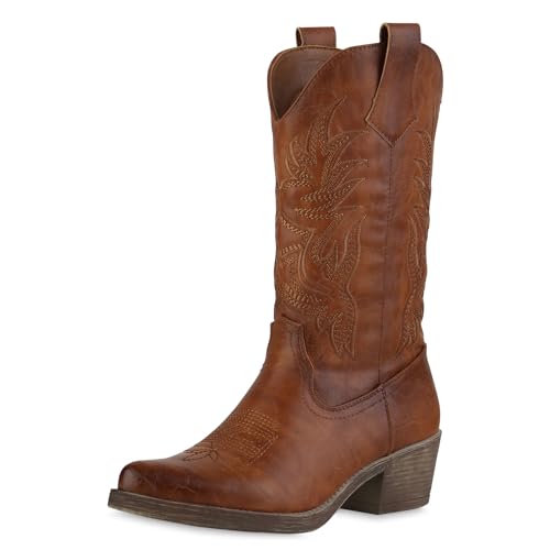 VAN HILL Damen Cowboystiefel Trichterabsatz Stickereien Trendy Schuhe 214270 Hellbraun 36 von VAN HILL