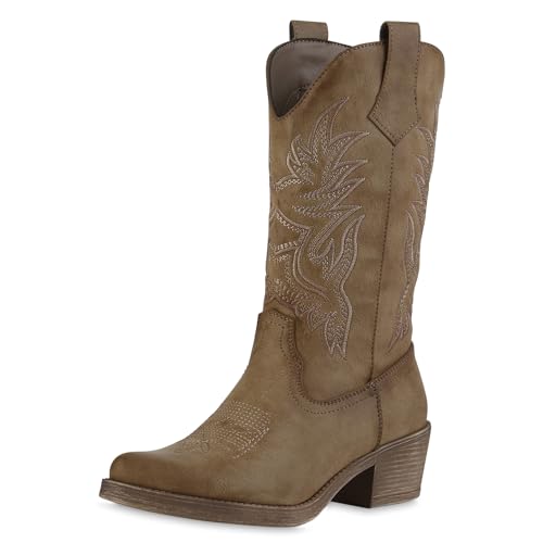 VAN HILL Damen Cowboystiefel Trichterabsatz Stickereien Trendy Schuhe 214272 Khaki 36 von VAN HILL