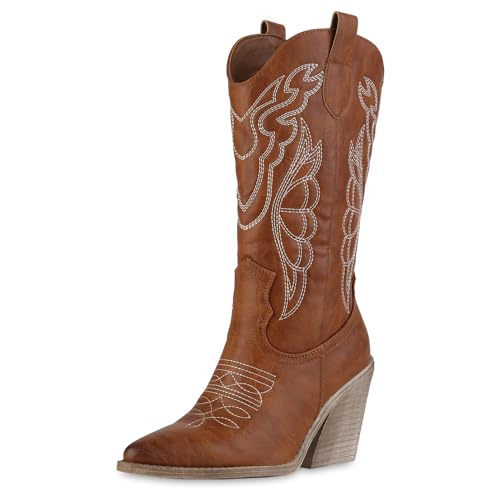 VAN HILL Damen Cowboystiefel Trichterabsatz Stickereien Trendy Schuhe 214292 Hellbraun 38 von VAN HILL