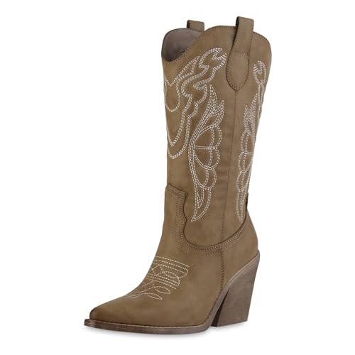 VAN HILL Damen Cowboystiefel Trichterabsatz Stickereien Trendy Schuhe 214293 Khaki 36 von VAN HILL