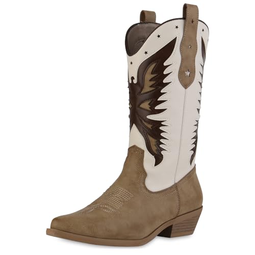 VAN HILL Damen Cowboystiefel Trichterabsatz Stickereien Trendy Schuhe 215128 Khaki Beige 39 von VAN HILL