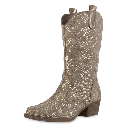 VAN HILL Damen Cowboystiefel Trichterabsatz Strass Trendy Schuhe 214284 Khaki 37 von VAN HILL