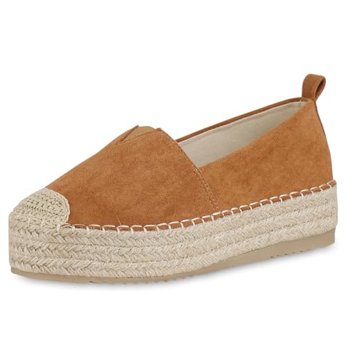 VAN HILL Damen Espadrilles Plateau Bast Trendy Schuhe 215563 Hellbraun 39 von VAN HILL